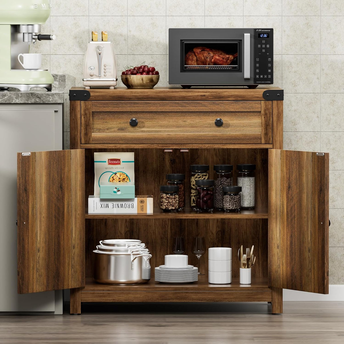 YESHOMY Farmhouse Coffee Bar Cabinet Sideboards, with Barn Doors, Spacious Drawer, Adjustable Interior Shelf, Generous Top Surface, for Kitchen, Bathroom, Entryway, Living Room, Pure Brown