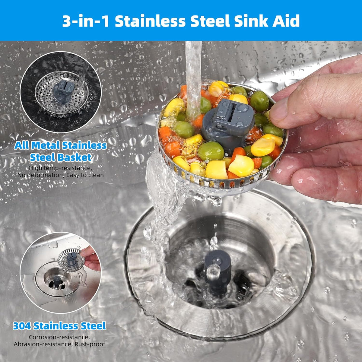 Hibbent 3 in 1 Kitchen Sink Drain Strainer, Stainless Steel Wrapped Shell Drain Stopper Combo, Pop Up Sink Stopper, 3 Anti-Clogging Metal Basket Strainer with Handle for US Standard 3-1/2" Drain