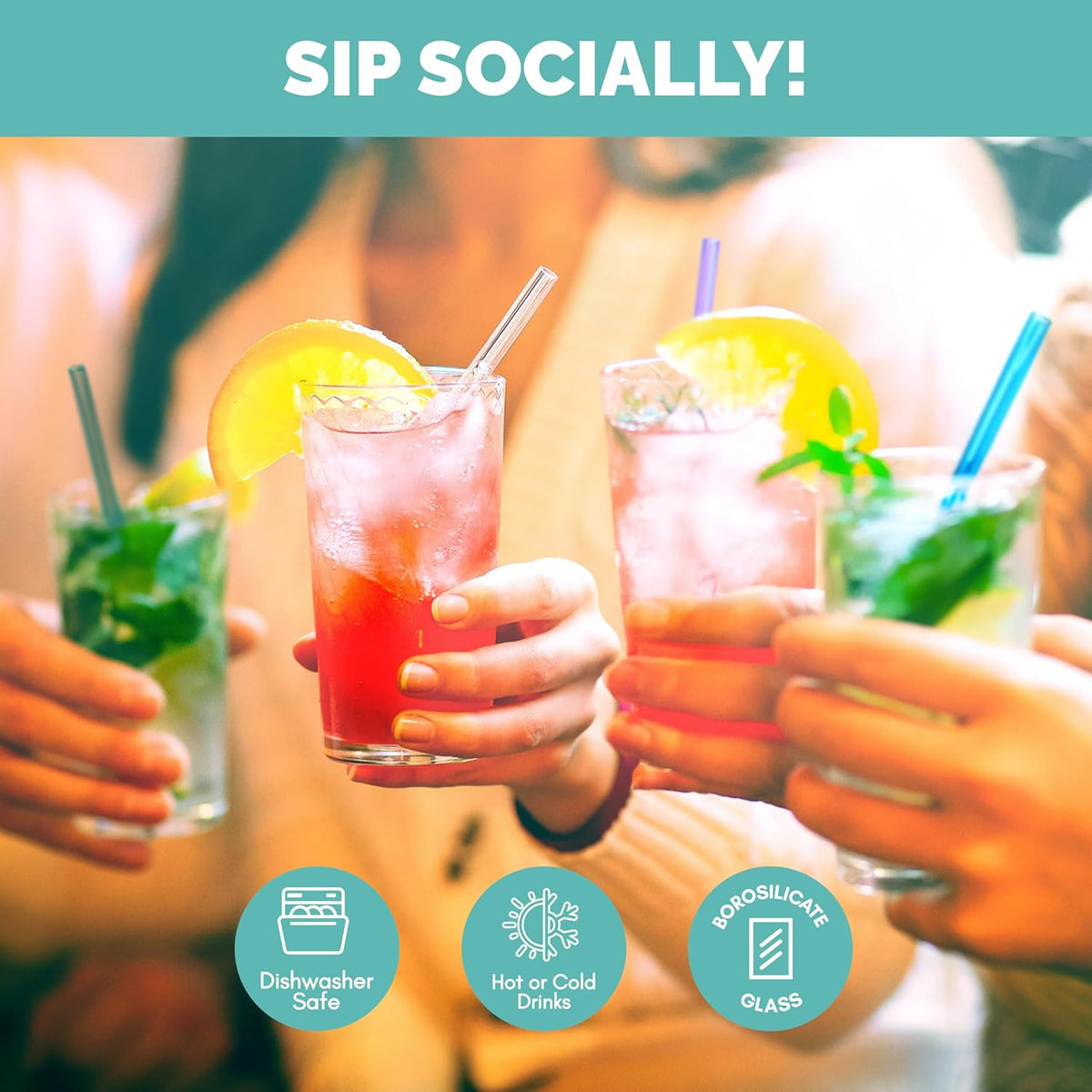 Simply Straws 6 Inch Skinny Glass Straws (6-Pack) - Reusable Cocktail Straws for Mixed Drinks, Low Balls, Coffee & Tea, with Cleaning Brush – Dishwasher Safe, Hot & Cold Use, BPA-Free (Palm)