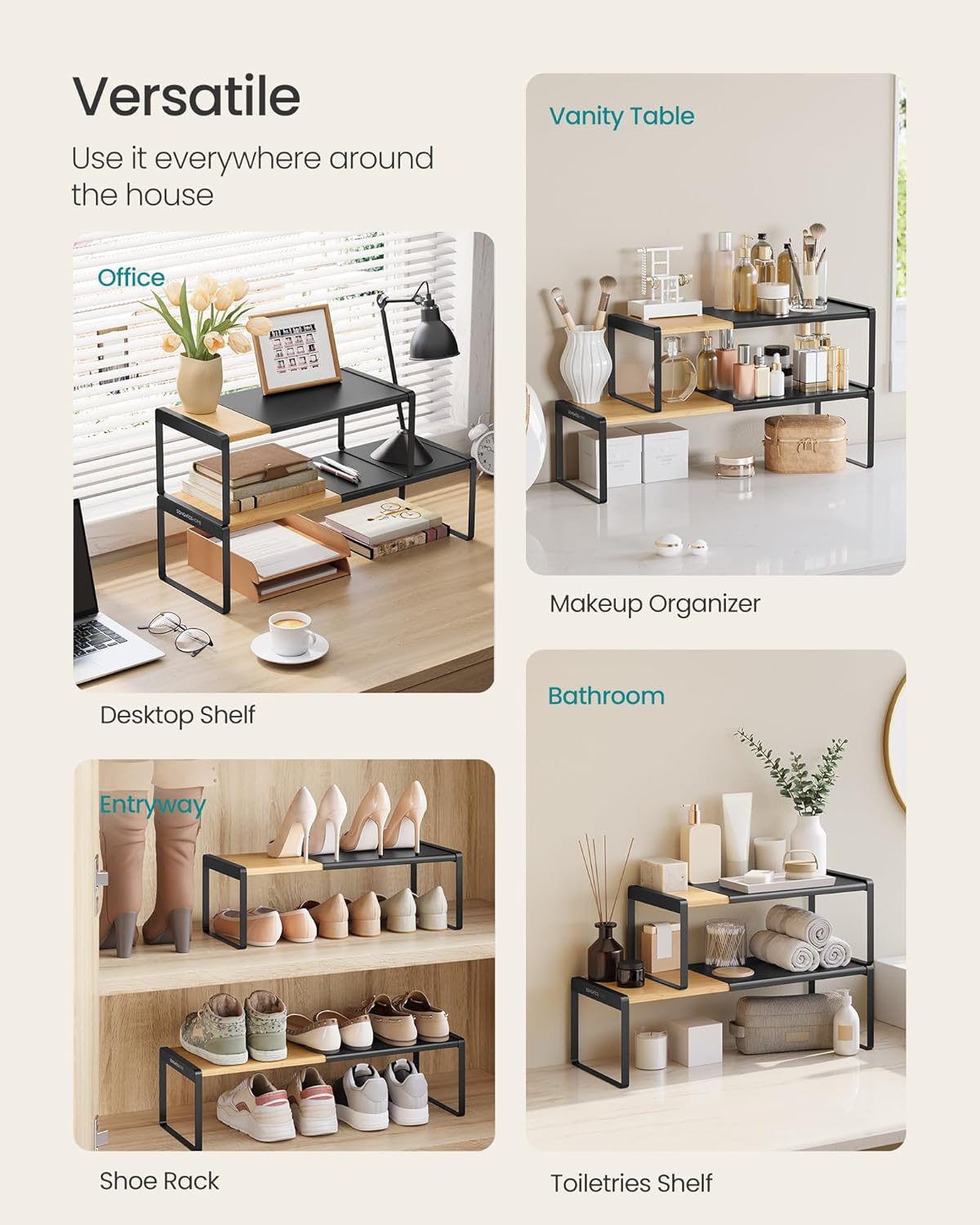 SONGMICS HOME Spice Racks, Expandable Cupboard Shelf Orgnizers, Kitchen Counter Shelves, Bamboo and Metal, Space-Saving Shelving, Stackable, Light Bamboo and Ink Black UKCS051B01