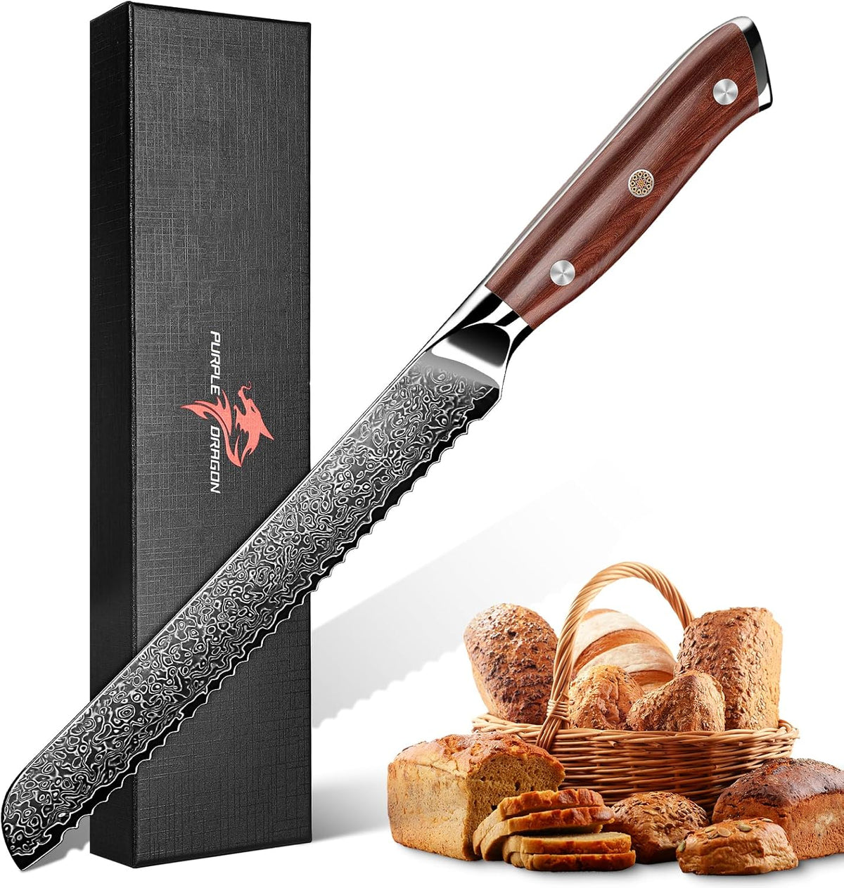 Purple Dragon Bread Knife for Homemade Bread, 8 Inch Serrated Knife for Slicing Sourdough Bread, Cake & Fruits - Gift Box