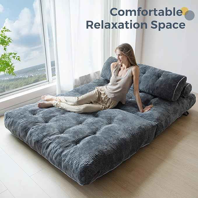 MAXYOYO Folding Sofa Bed, Convertible Sleeper Chair with Pilow Foldable Matress with Back Support, Portable Fold Out Chair Bed Comfy Floor Sofa Lounge for Living Room Bedroom, Dark Grey, Double