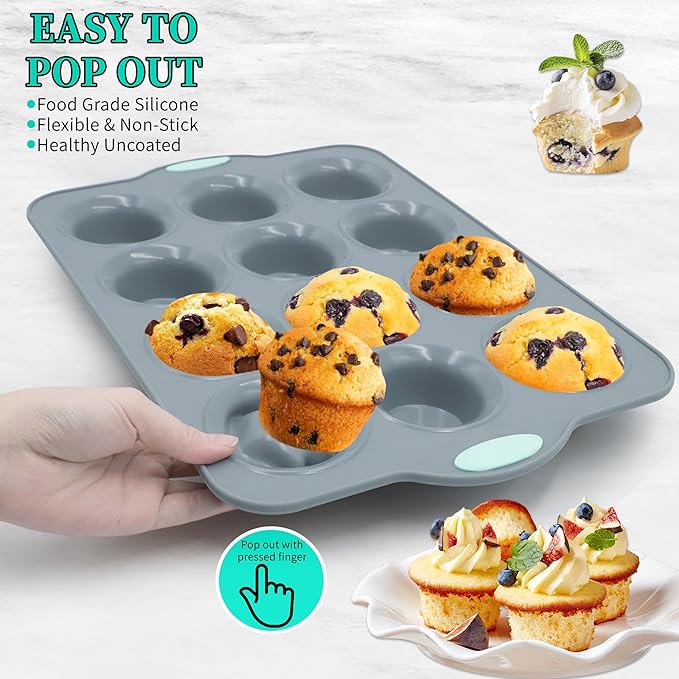 To encounter 2Pack Silicone Muffin Pan with Metal Frame, 12 Cup Regular Size Cupcake Pan, Non-Stick Baking Tray, Food Grade Baking Molds for Oven, Dishwasher Safe