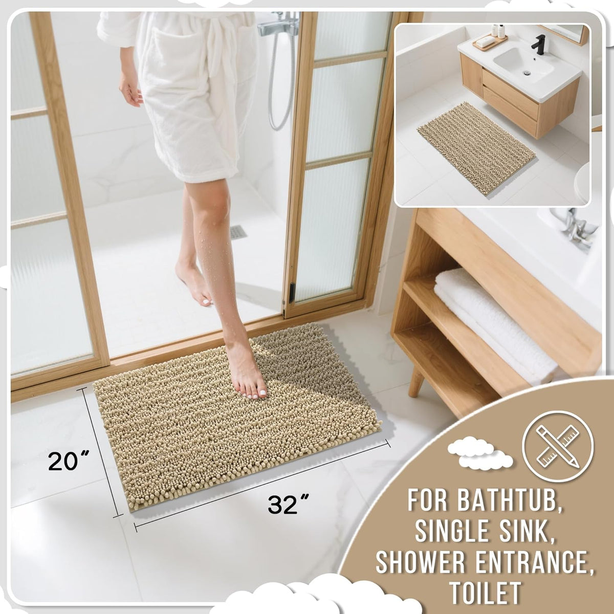 Yimobra Bathroom Rugs Non Slip Washable 32x20 Inch - Ultra Soft Absorbent Chenille Bath Mat, Quick Dry Shaggy Floor Carpet for Tub Shower, Pale Khaki Home Decor Accessories