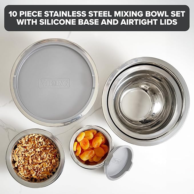 Viking Mixing Bowls Set, 10 Piece Stainless Steel Kitchen Cookware, Non-Slip Silicone Base, Includes Tight Fit Lids, Dishwasher Safe, Grey
