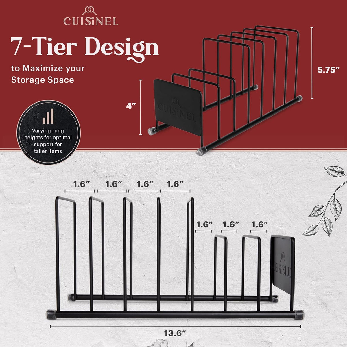 Cuisinel Pot Lid and Dish Organizer Rack - Matte Black Kitchen Storage/Organization Stand - 7-Tier Cabinet/Counter, Cookware, Pots and Pan Lids/Covers, Cutting Board Holder Organizer