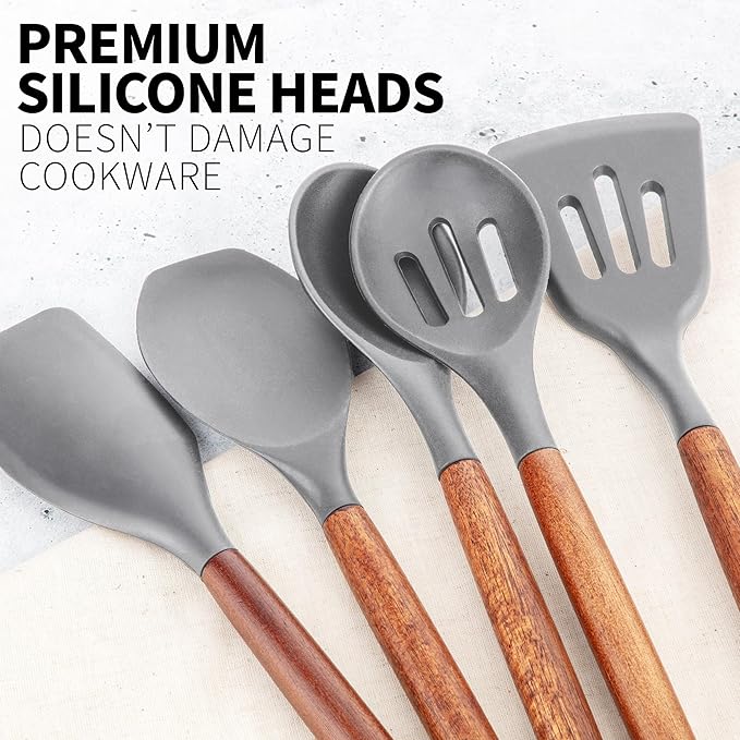 Zulay Kitchen Utensils Set Non-Stick Silicone Cooking Utensils Set with Authentic Acacia Wood Handles - 5 Piece Silicone Utensil Set - Kitchen Utensils Set with 464°F Heat Resistance - Gray