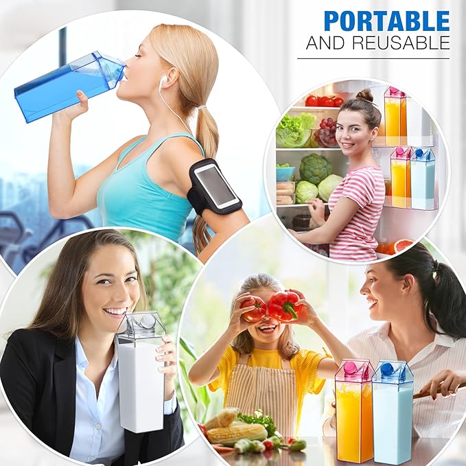 Remerry 3 Pcs Milk Carton Water Bottle Square Plastic Coffee Portable Reusable Milk Carton Cup Leakproof Juice Bottle