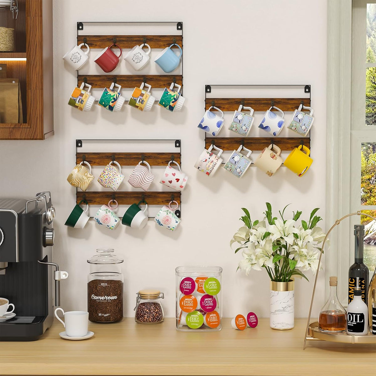 Mug Racks for Wall, Coffee Mug Holder Wall Mount Up to Hold 24 Mugs, Coffee Mug Rack Wall Mounted（3Pack） for Kitchen, Home, Coffee Bar, Rustic Wood and Iron