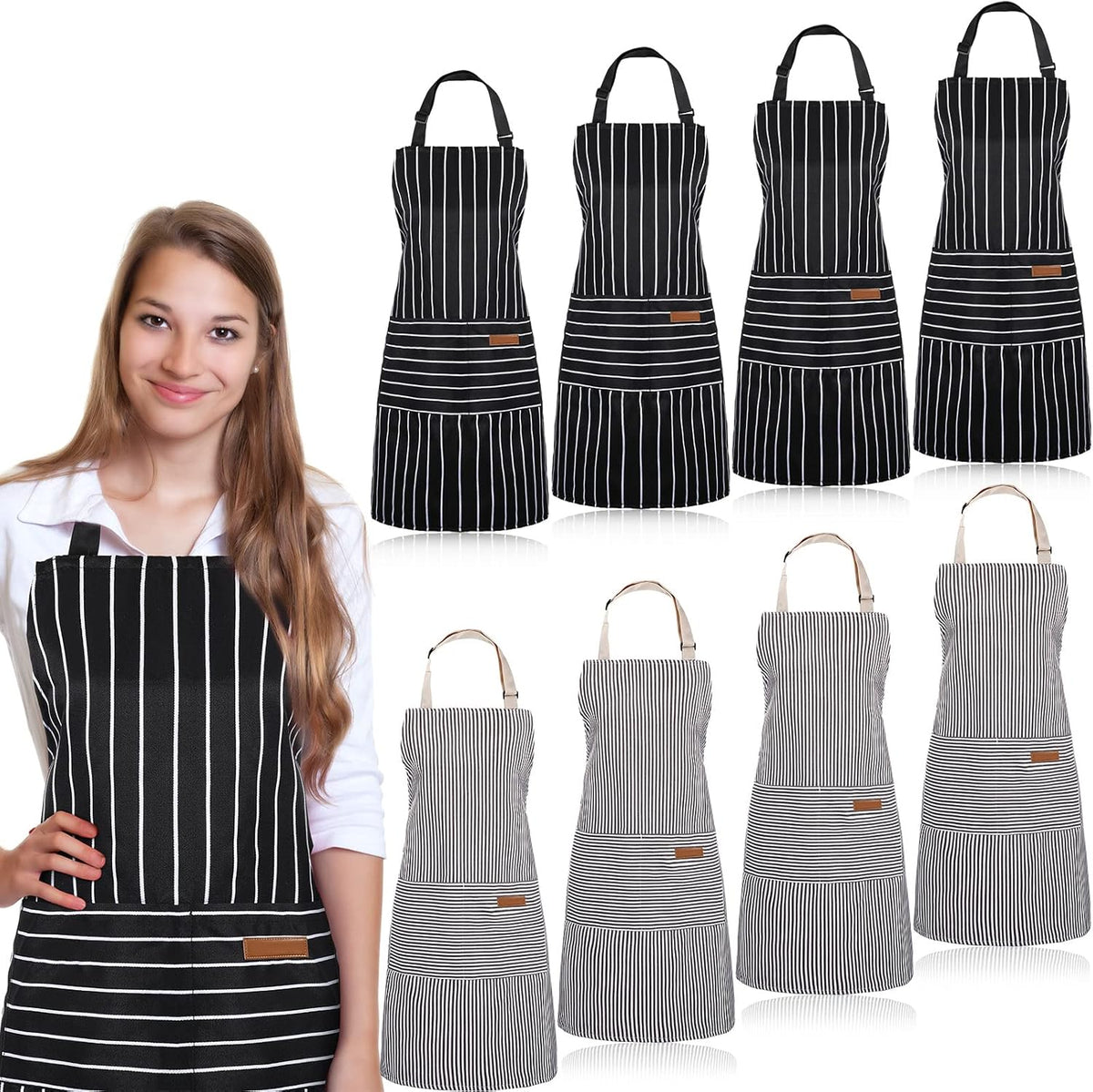 JaGely 8 Pcs Kitchen Cooking Aprons Adjustable Bib Aprons Chef Apron Kitchen Apron with Pockets for Women and Men, Chef, Kitchen, BBQ, Garden, Baking