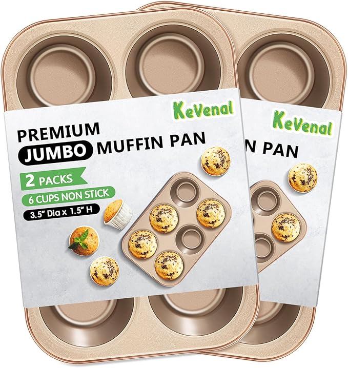 Kevenal Jumbo-Muffin-Pan - Nonstick 6-Cup Large Cupcake Pan, Heavy Duty Giant Muffin Baking Pan for Cupcakes, Oven Safe & Easy to Clean (Large Cup Size, 3.5 x 1.5in)