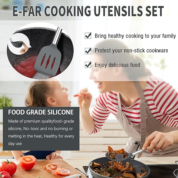 Silicone Cooking Utensils Set, E-far 14-Piece Gray Kitchen Utensils Set with Holder, Kitchen Tools Spatulas with Stainless Steel Handle for Non-stick Cookware, Heat Resistant & Dishwasher safe