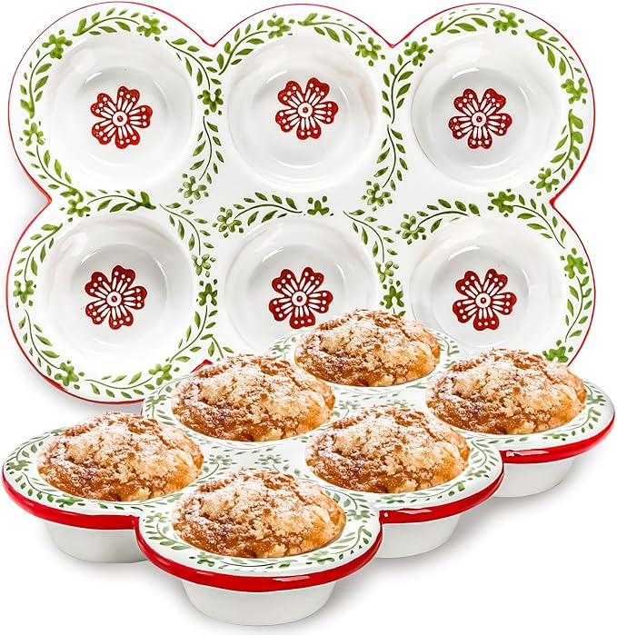 Hiceeden 2 Pack Ceramic Muffin Pans, 6 Cup Non-Stick Muffin Tin Cupcake Pan, Floral Baking Pans with Red Rim for Puddings, Muffins, Cakes, Quiches, Brownies