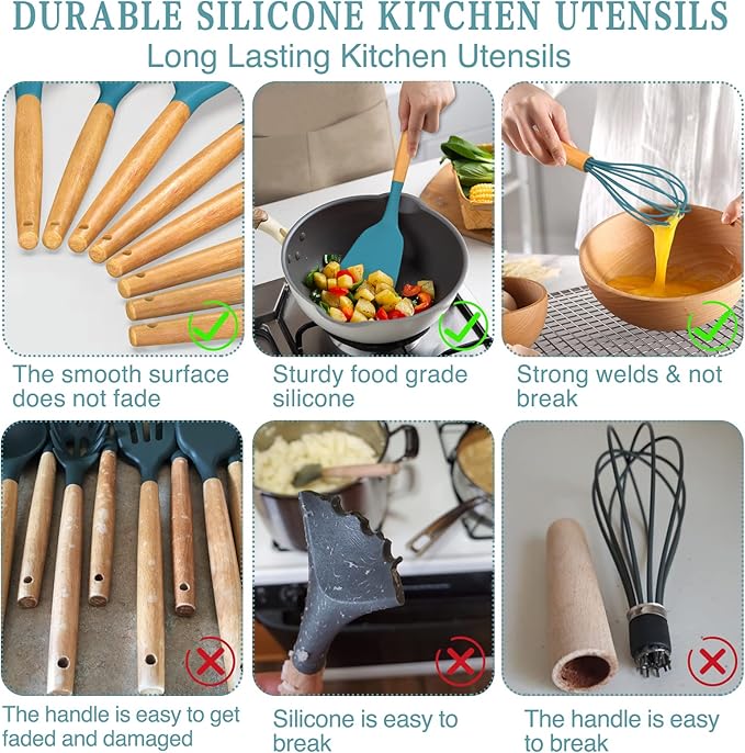 Umite Chef Kitchen Cooking Utensils Set, 33 pcs Non-stick Silicone Utensils Spatula Set with Holder, Silicone Kitchen Gadgets Utensil Set(Dark Blue)