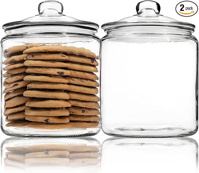1 Gallon Glass Cookie Jar - Large Food Storage Container with Airtight Lid - Keep Fresh Flour, Chewy Pet Treats, Candy, Dried Foods, Detergent Pods for Your Kitchen or Laundry Room- Pack of 2