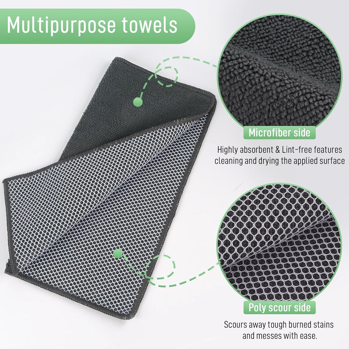 SINLAND Microfiber Dish Cloths Wash Clothes for Kitchen Best Kitchen Cloths Cleaning Cloth Poly Scour Side 12"x12" (5Pack, Dark Grey)