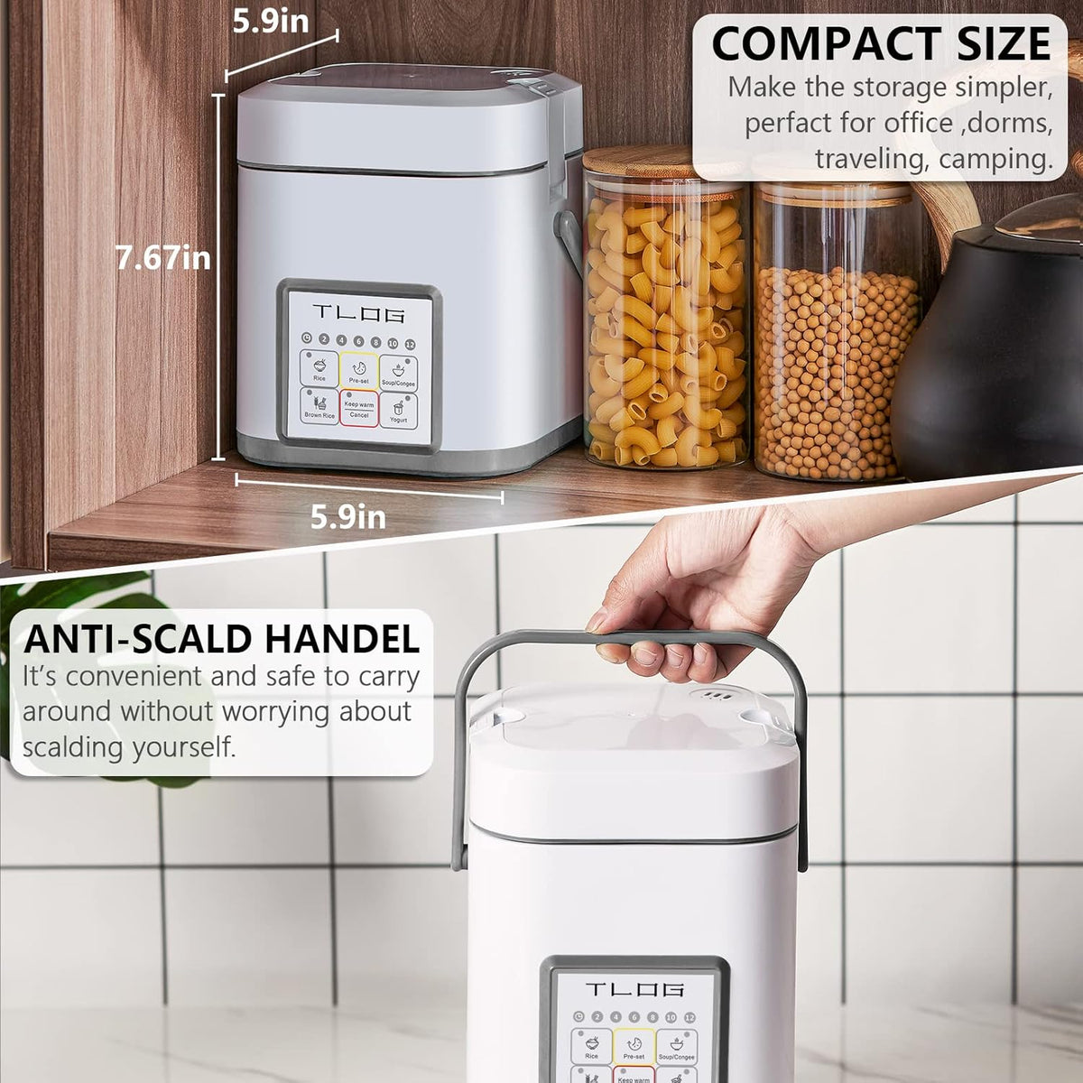 TLOG Mini Rice Cooker 2.5 Cups Uncooked, Healthy Ceramic Coating Portable Cooker, 1.2L Travel Small for 1-3 People, Personal maker, Food Steamer, 12 Hours delay timer, Multi-cooker Grains, Oats
