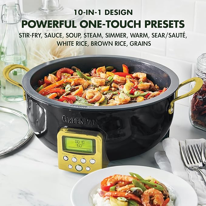 GreenPan Elite Essential Smart Electric 6QT Skillet Pot, Presets to Sear Saute Stir-Fry and Cook Rice, Healthy Ceramic Nonstick and Dishwasher Safe Parts, Easy-to-use LED Display, Gold