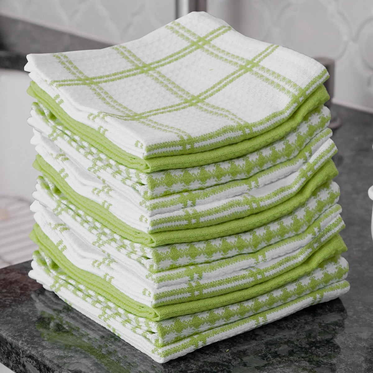 T-fal Premium Waffle Dish Cloths: Highly Absorbent, Super Soft Long Lasting - 100% Cotton, 12"x13" Towel for Cleaning & Drying Dishes, 12-Pack, Green