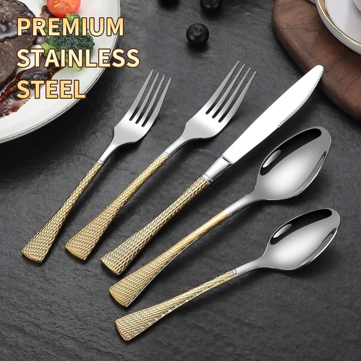Hammered Silver Gold Silverware Set for 8,Stainless Steel 40-Piece Modern Cutlery Set,Mirror Polished Heavy Duty Flatware Set Utensil Set,Knives Spoons and Forks Set,Dishwasher Safe