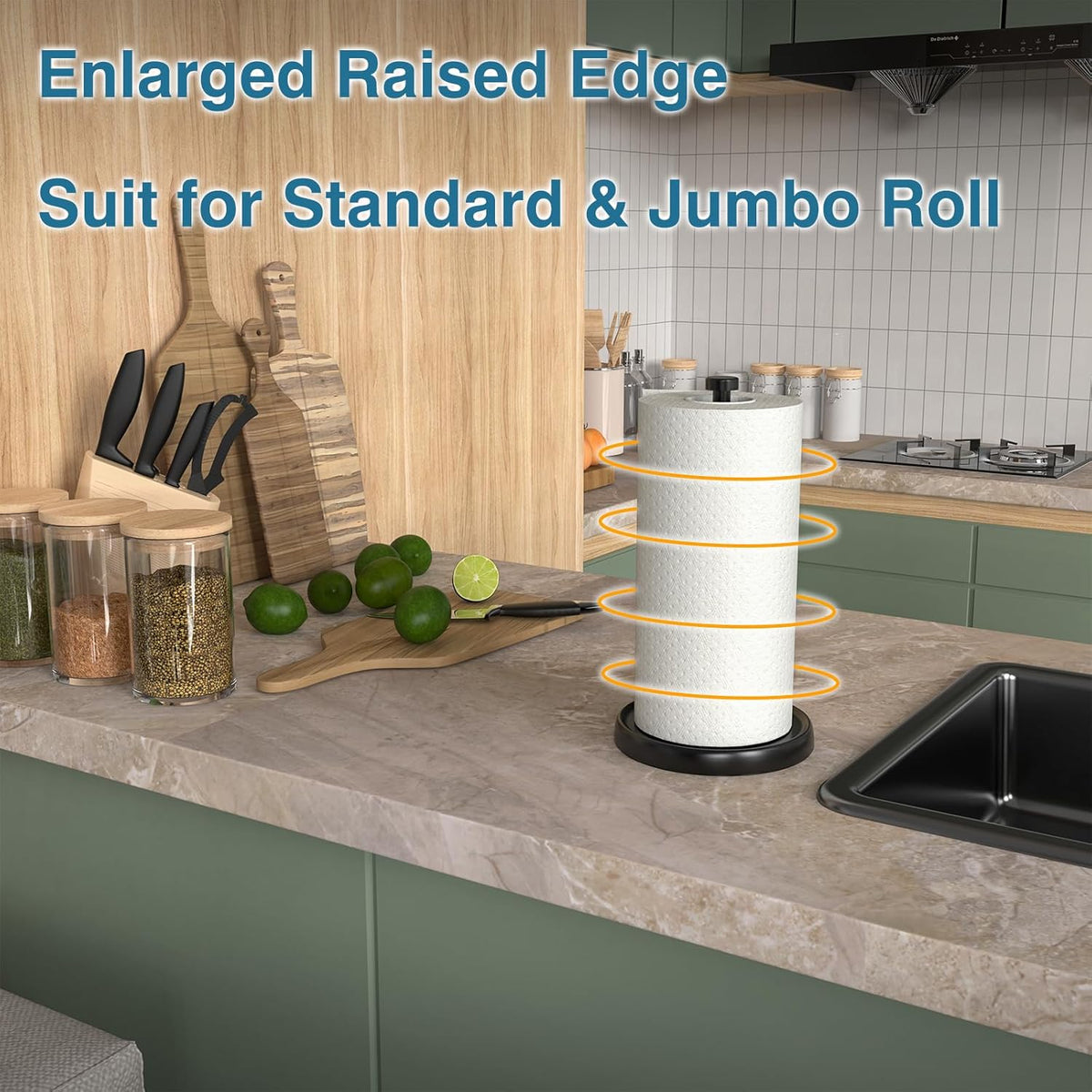 Paper Towel Holder Countertop, One-Handed Tear, Stainless Steel, Weighted Base, Black, Paper Towel Roll Holder Stand with Ratchet Mechanism for Kitchen Bathroom Farmhouse Essentials Decor Accessories