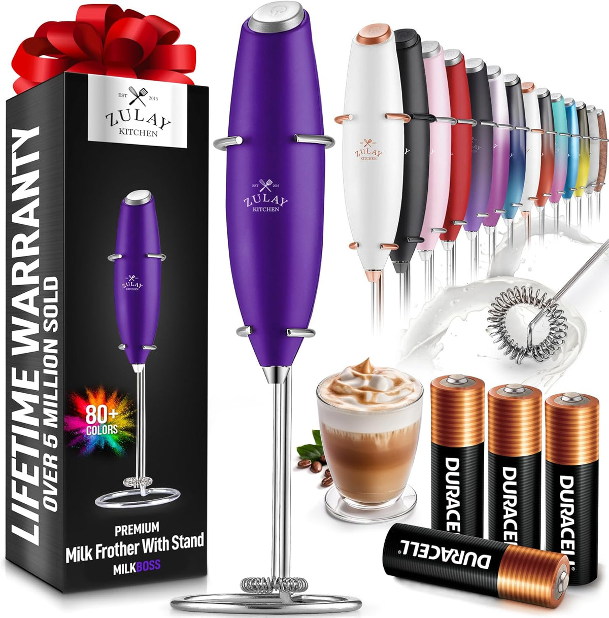 Zulay Kitchen Powerful Milk Frother Wand With 4 AA Duracell Batteries - Ultra Fast Handheld Drink Mixer - Electric Whisk Foam Maker for Coffee, Lattes, Cappuccino, Matcha & Creamer -