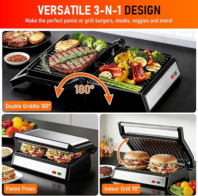 Panini Press Grill, 1200W Sandwich Maker with Non-Stick Plates, Standard 2-Slice Sandwich Press Electric Indoor Grill, Opens 180° to Fit Any Size of Food, Removable Drip Tray, Stainless Steel, Sliver