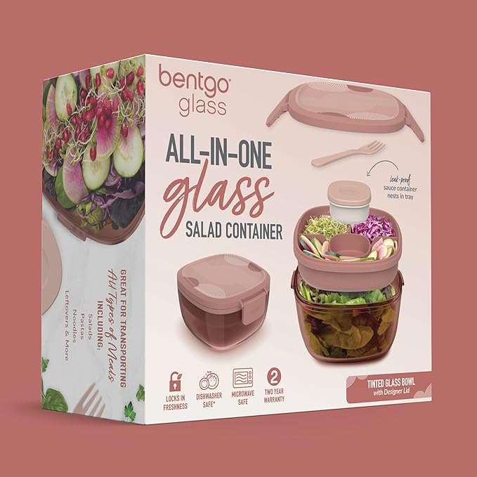 Bentgo Glass Prints All-in-One Salad Container - 61oz Tinted Glass Salad Bowl with Lid, Bento-Style Tray, Sauce Container, & Reusable Fork - Dishwasher & Microwave Safe (Mod Curve - Desert Rose)