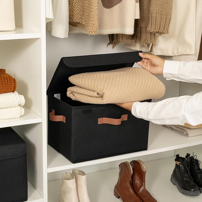 GRANNY SAYS Storage Bins with Lids, Decorative Storage Boxes with PU Handles, Black Storage Bin, Linen Closet Organizer, Shelf Baskets, Fabric Storage Bins for Clothes