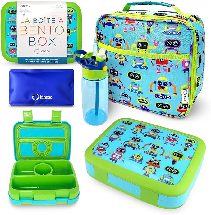 kinsho Bento Lunch Box and Insulated Bag, Water Bottle & Ice Pack Set for Kids Toddlers, 4 Portion Sections, Removable Tray, PreSchool Kid Toddler Daycare Lunches, Snack Container, Robot