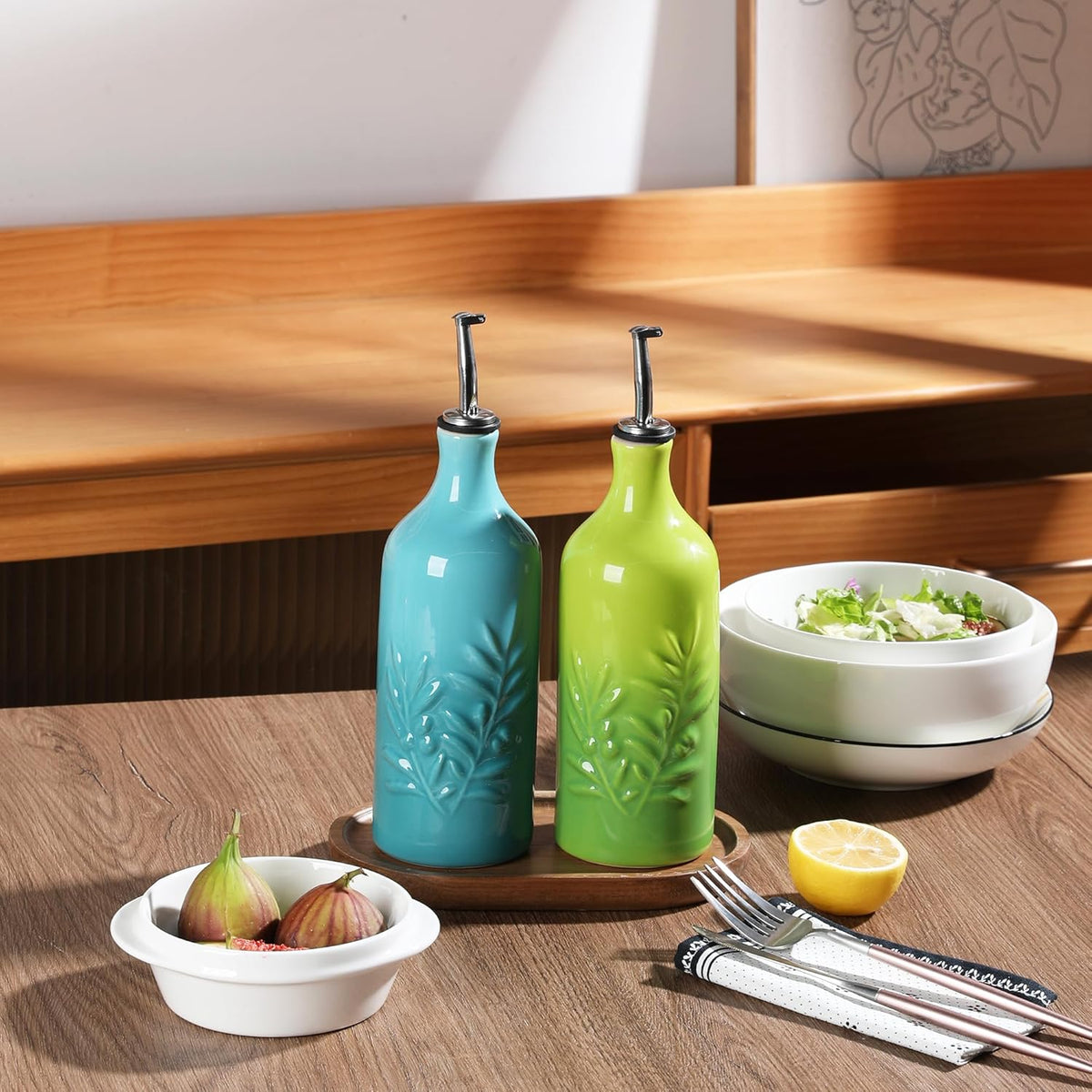Sweejar Ceramic Olive Oil Dispenser Bottle, 20 Oz Relief Opaque Oil Cruet Protects To Reduce Oxidation, Suitable for Storage, Vinegar, Soy Sauce,Liquids,Set of 2 (Gradient Blue Gradient Green)