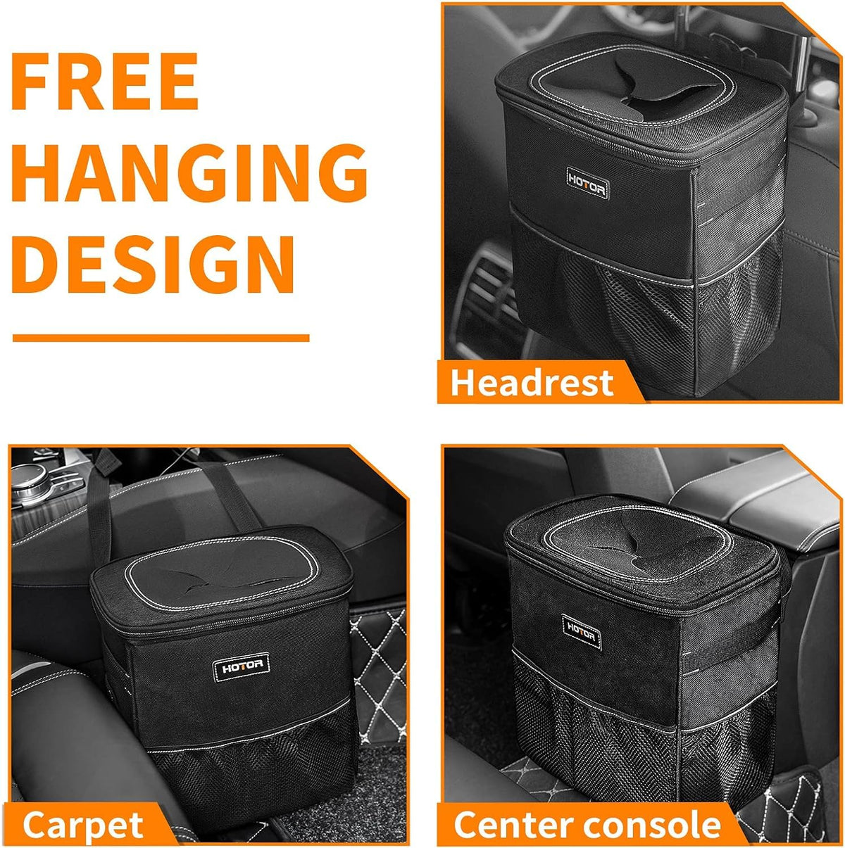 HOTOR Car Trash Can, Leakproof Car Organizer, 3-Gallon, Black