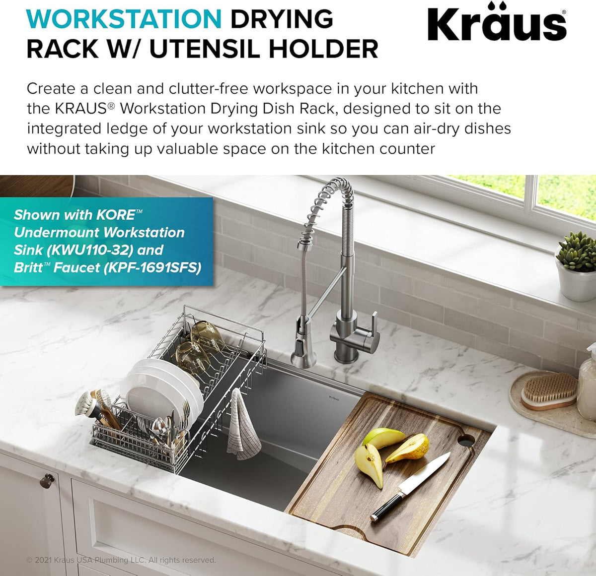 Kraus Workstation Kitchen Sink Dish Drying Rack Drainer and Utensil Holder, 17" L x 9" W, Stainless Steel, KDR-3