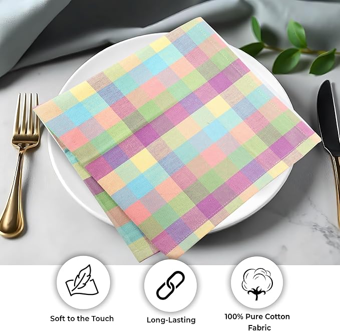 Urban Villa Easter Cloth Napkins (Set of 12)100% Cotton Highly Absorbent Dinner Napkins 20x20 Inches Soft Durable Reusable Washable Easter Checks Table Dinner Napkins for Home Parties Wedding Napkins