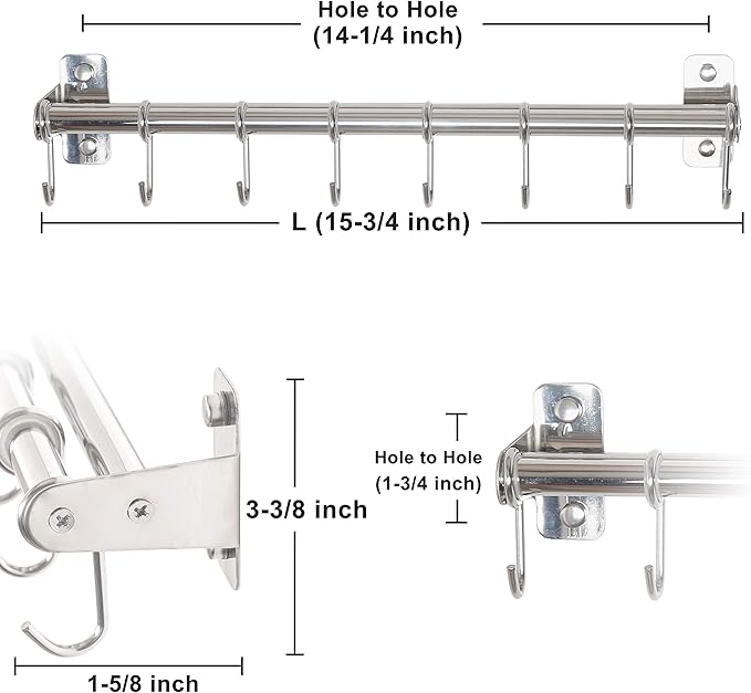 DSEAP Pot Rack - Pots and Pans Hanging Rack with 8 Hooks, Double Bars, Wall Mounted, Chromed
