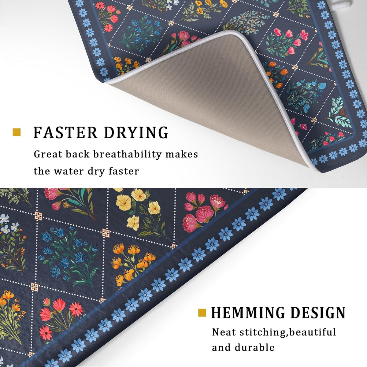 Lapis Blue Dish Drying Mat for Kitchen Counter Flowers Microfiber Absorbent Dish Draining Reusable Washable Large