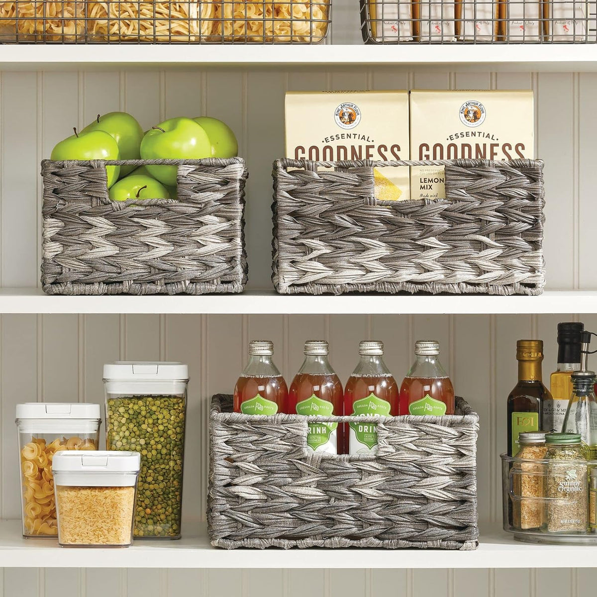 mDesign Woven Farmhouse Kitchen Pantry Food Storage Organizer Basket Bin Box - Container Organization for Cabinets, Cupboards, Shelves, Countertops - Store Potatoes, Onions, Fruit - 3 Pack, Gray Ombre