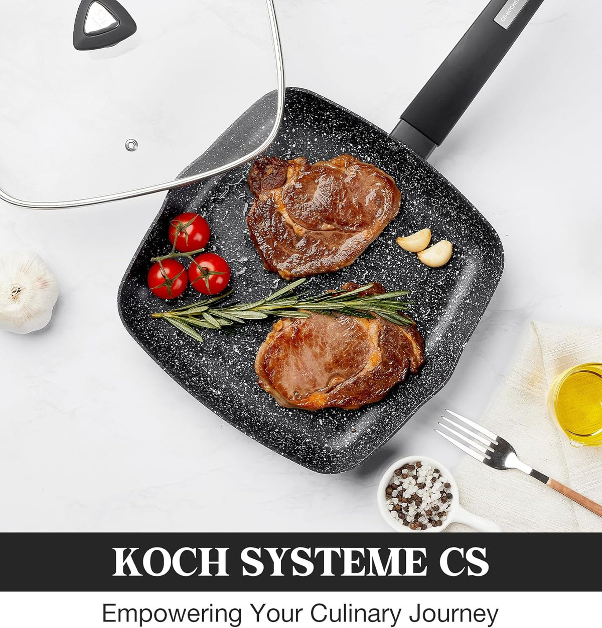 KOCH SYSTEME CS Nonstick Grill Pan 11 Inch, Marble Coating Square Grill Pan with Lid, Ultimate Nonstick Square Skillet with Bakelite Handle, Compatible with All Stovetops, Toxic-Free, 11 Inch