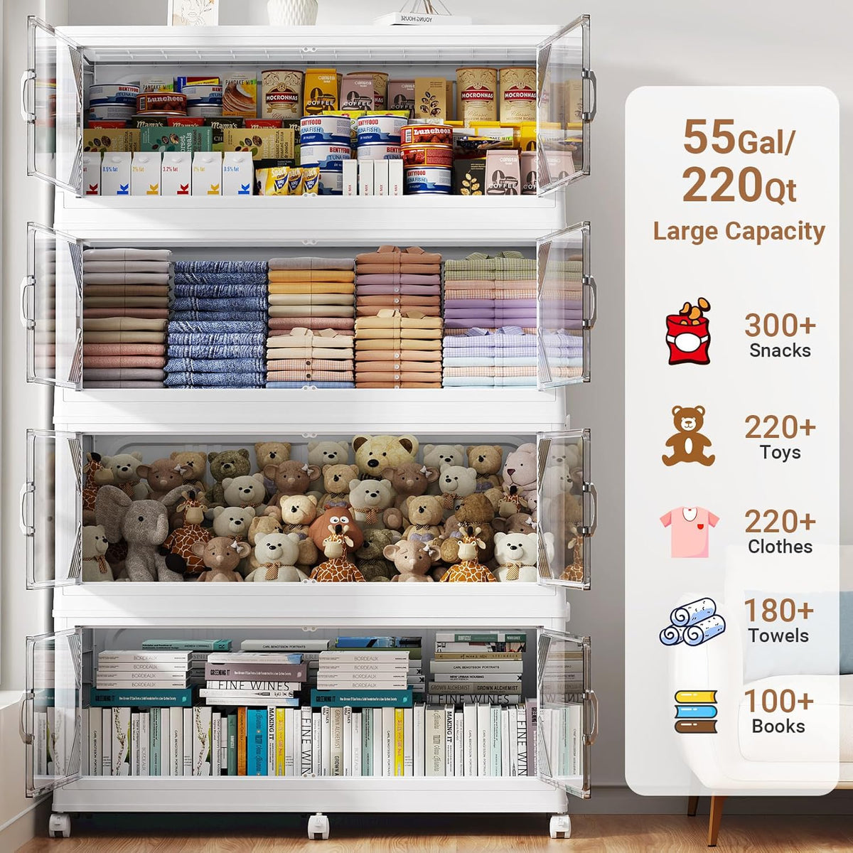 220Gal Plastic Stackable Storage Bins with Lid, 880QT Extra Large Closet Organizers Collapsible Cabinets Boxes With Drawers, Foldable Containers with 6x Wheels for Home Kitchen, V60 4Pack White