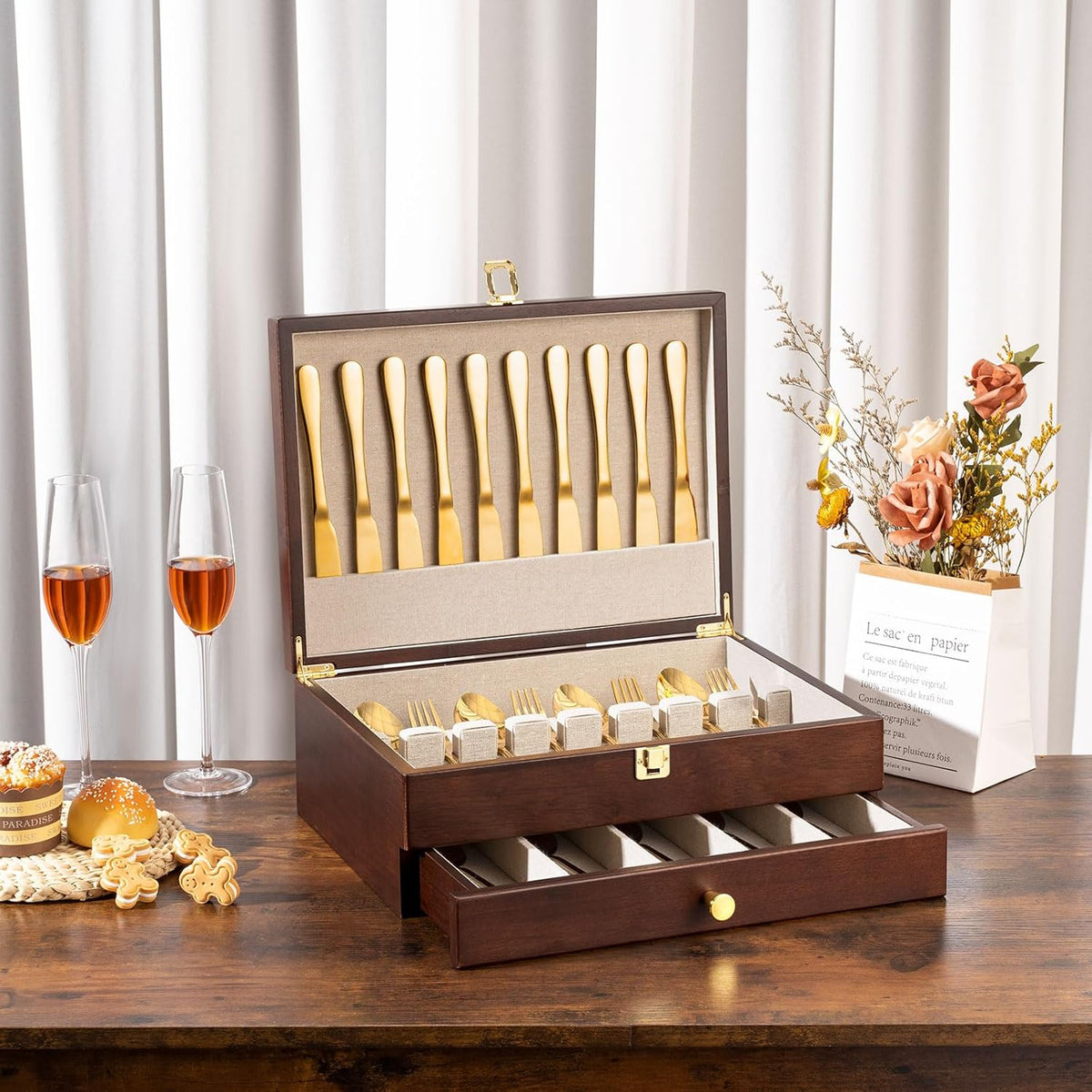 Silverware Storage Box, 2-Layer Flatware Storage Case with Drawer, Wooden Silverware Chest with Linen Liner, Rustic Silverware Case for Storing Fine Flatware and Utensils (Walnut)