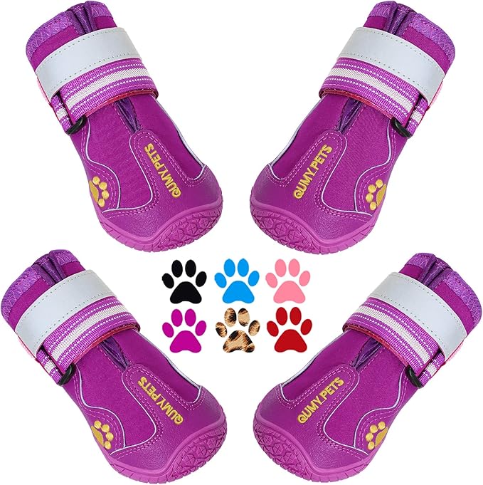 QUMY Dog Shoes for Large Dogs, Medium Dog Boots & Paw Protectors for Winter Snowy Day, Summer Hot Pavement, Waterproof in Rainy Weather, Outdoor Walking, Indoor Hardfloors Anti Slip Sole Purple Size 3