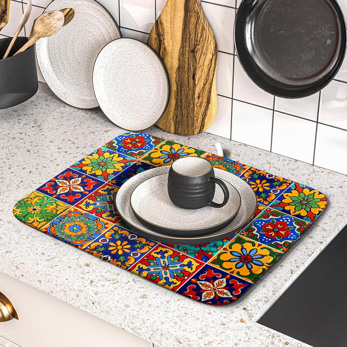Mexican Tiles Dish Drying Mat for Kitchen Counter Absorbent Microfiber Dish Drying Pad Kitchen Gadgets Multi-use