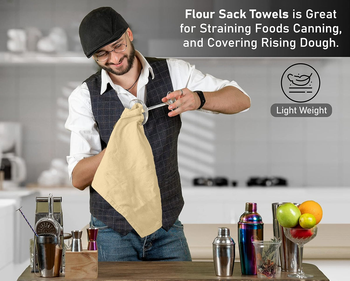 RUVANTI Flour Sack Towels 50 Pack 28x28 Inch, 100% Cotton Tea Towel, Reusable, Machine Washable, Absorbent BarTowels - Dish Cloth Perfect for Drying Dishes & Cleaning -Camel