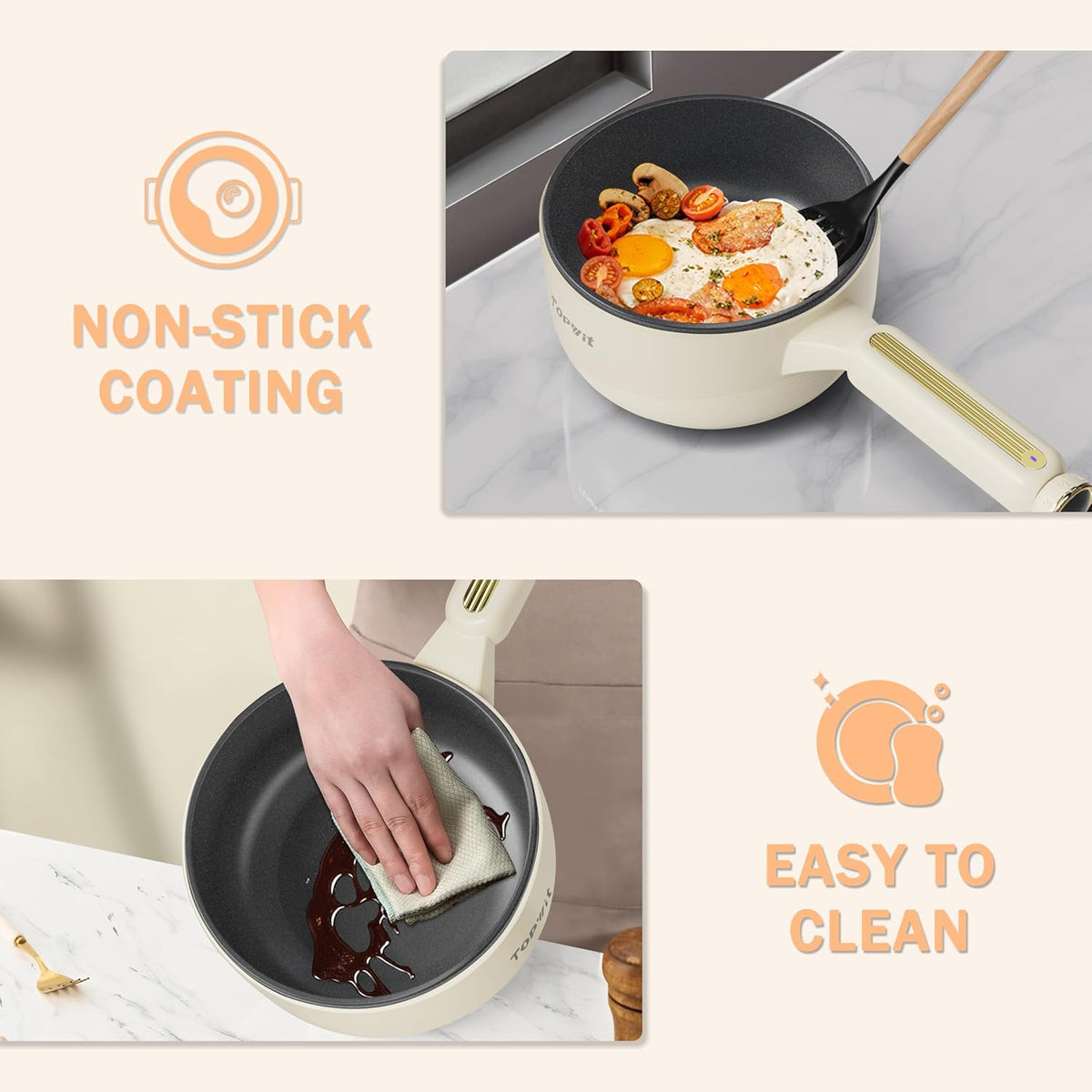 TOPWIT Hot Pot Electric, 2L Multifunctional Electric Pot, Non-Stick Sauté Pan, Portable Pot for Steak, Egg, Fried Rice, Ramen, Soup with Dual Power Control (Silicone Spatula Included), Beige