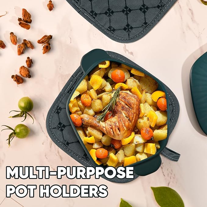 Oven Mitts Kitchen Towels Dishcloths with Pot Holders Sets 12PCS,Dish Towels Sets,Oven Gloves Pot Pads Heat Resistant 500 Degrees with Non-Slip Silicone Surface for Cooking Baking Grilling-Deep Green