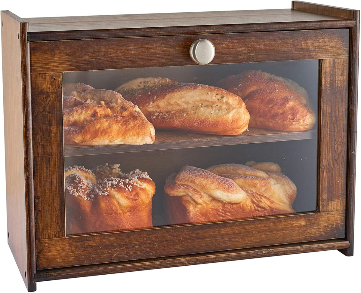 Bamboo Wooden Bread Box for Kitchen Countertop, Storage Box with Transparent Window, 2-Layer Large Capacity, Kitchen Bread Holder, Self Assembly