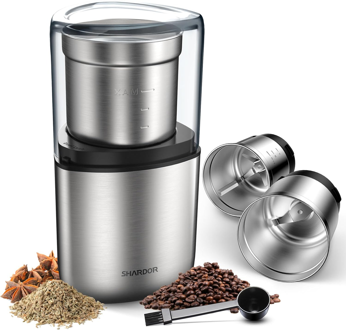 SHARDOR Coffee Grinder Electric Herb/Wet Grinder for Spices and Seeds with 2 Removable Stainless Steel Bowls, Silver