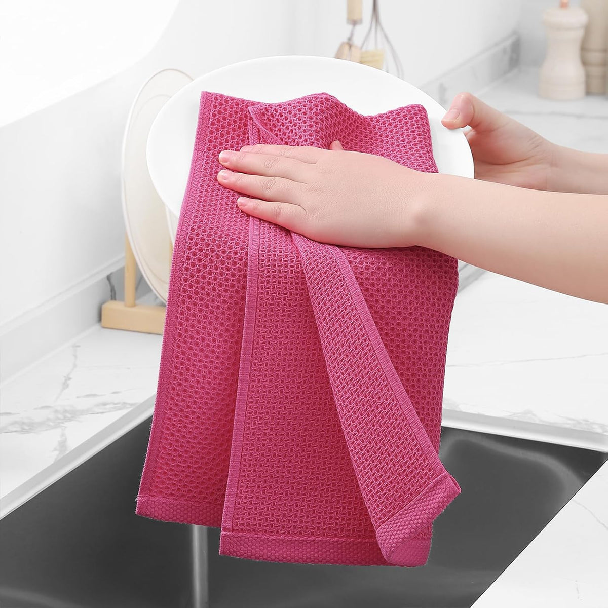 Homaxy 100% Cotton Waffle Weave Kitchen Dish Towels, Ultra Soft Absorbent Quick Drying Cleaning Towel, 13 x 28 Inches, 12-Pack, Hot Pink