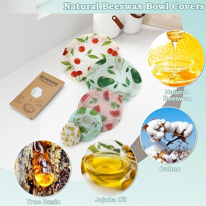 5-Size Reusable Beeswax Bowl Covers for Bread Proofing, Cotton Cloth Flexible Beeswax Wraps for Food Storage(Colored Fruit)