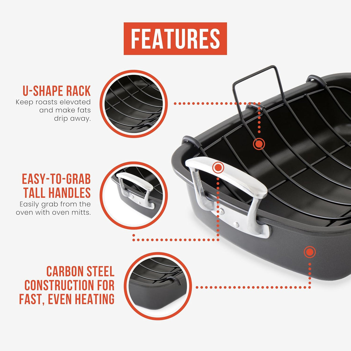 Chef Pomodoro Deluxe Large Carbon Steel Roasting Pan with U-Rack, 18.5 x 14.5-In (47 x 37 cm), Extra-Large, Grey – The Ultimate Solution for Flawless Roasts, BBQs, and Oven-to-Table Entertaining